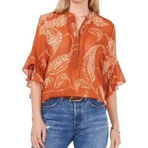Vince Camuto Pintuck Ruffle Cuff Blouse Rust Leaf Pattern Subtle Sparkle Size L